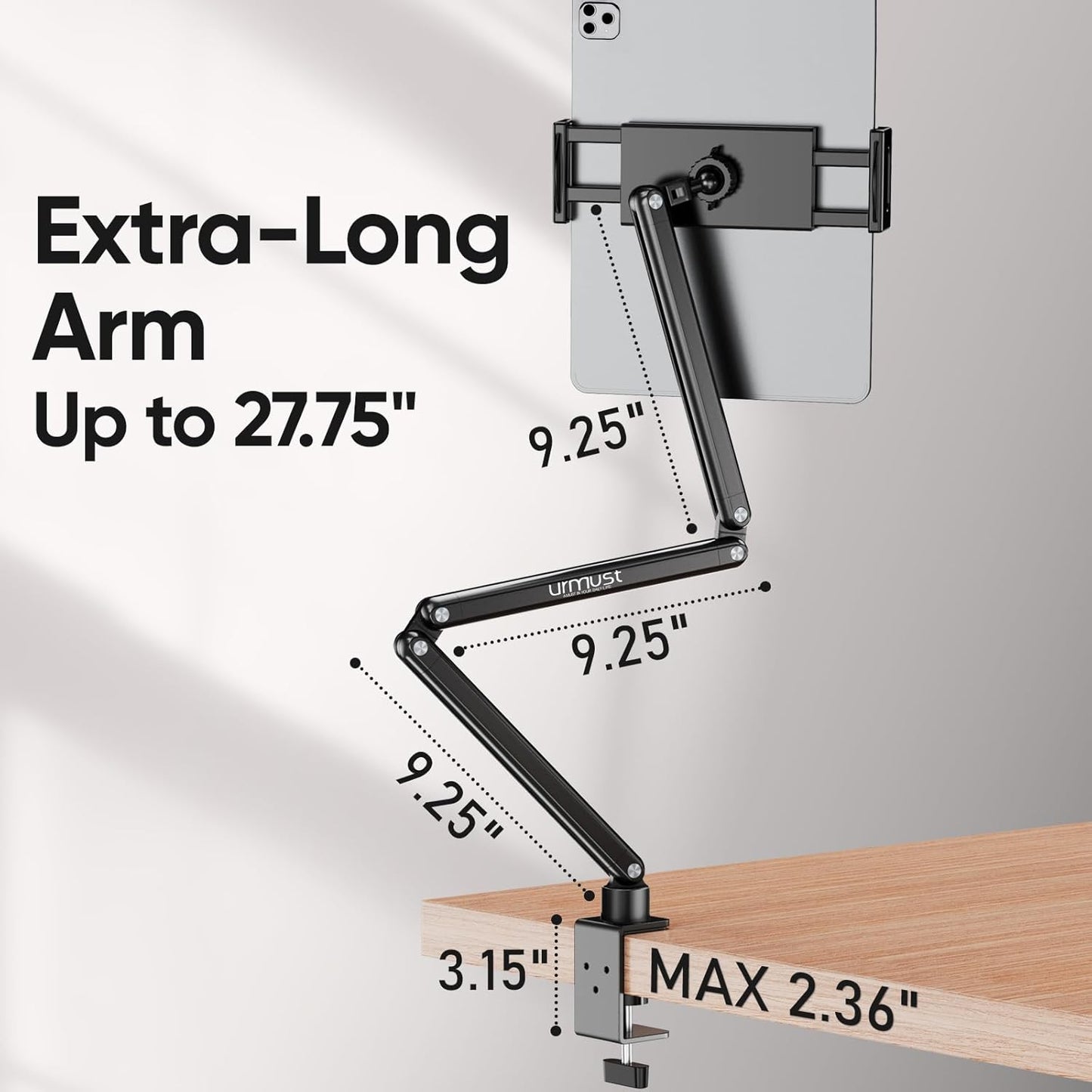 Urmust Tablet Stand for Desk, Adjustable iPad Holder for Bed, 360° Rotation, Sturdy Aluminum Tablet Arm Mount for 4.7"-15.6" iPad Pro/Air/Mini, iPhone, Galaxy Tab, for Kitchen, Work, Video Call