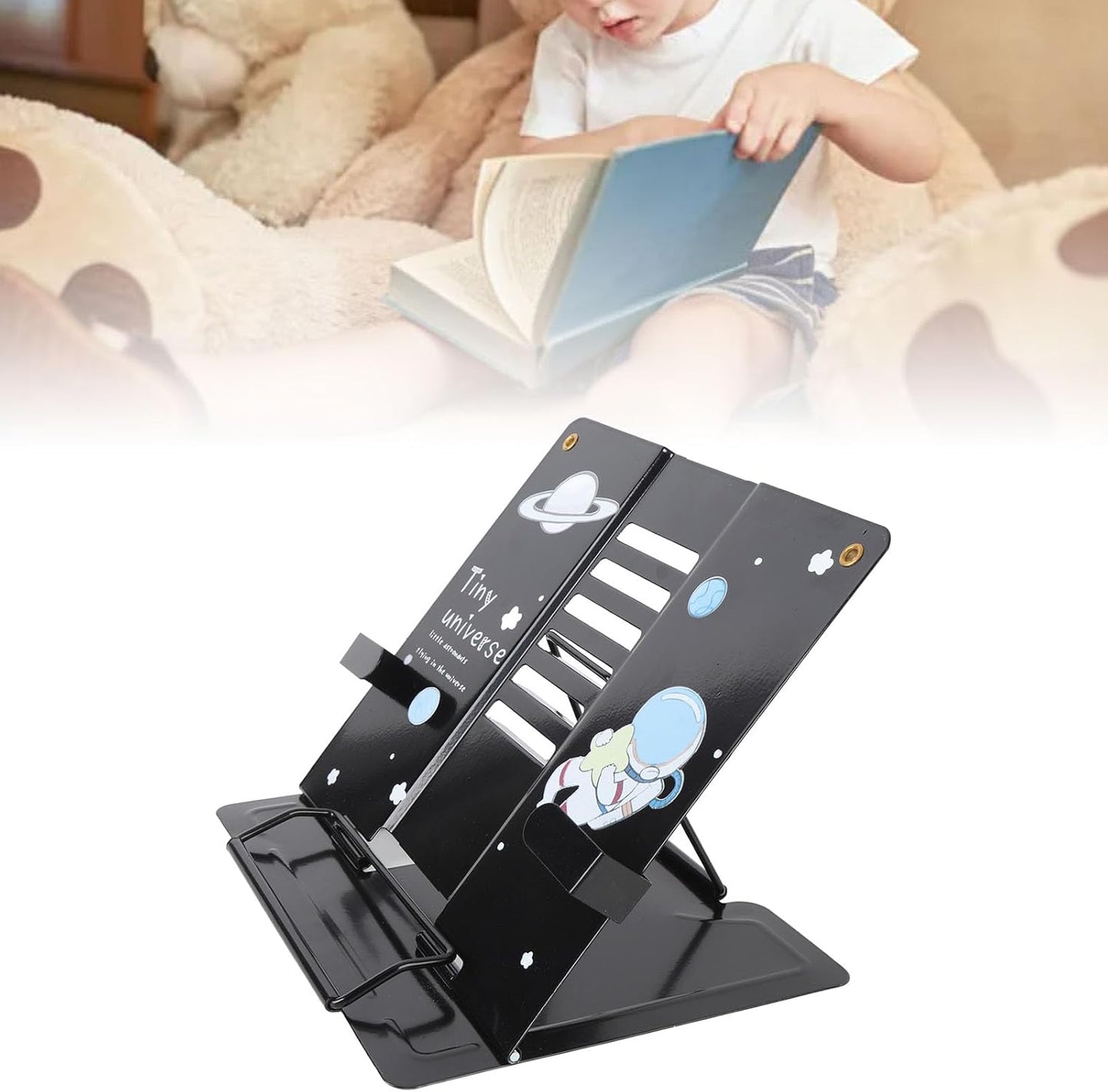 Small Metal Desk Book Stand, Adjustable Book Holder, Cute Book Stand for Reading, with Exquisite Pattern Design, Stable and Portable for Recipes, Textbooks, Tablet, Music Books