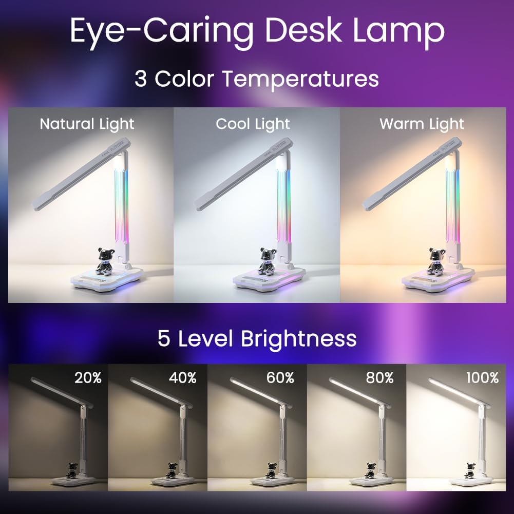 WILIT Desk Lamp for College Dorm Room, RGB Gaming Desk Light with Wireless Charging & USB Port, Gamer lamp Sound Reactive,3 Color Modes 5 Brightness,Reading Lamp Touch Control for Home Office,Study