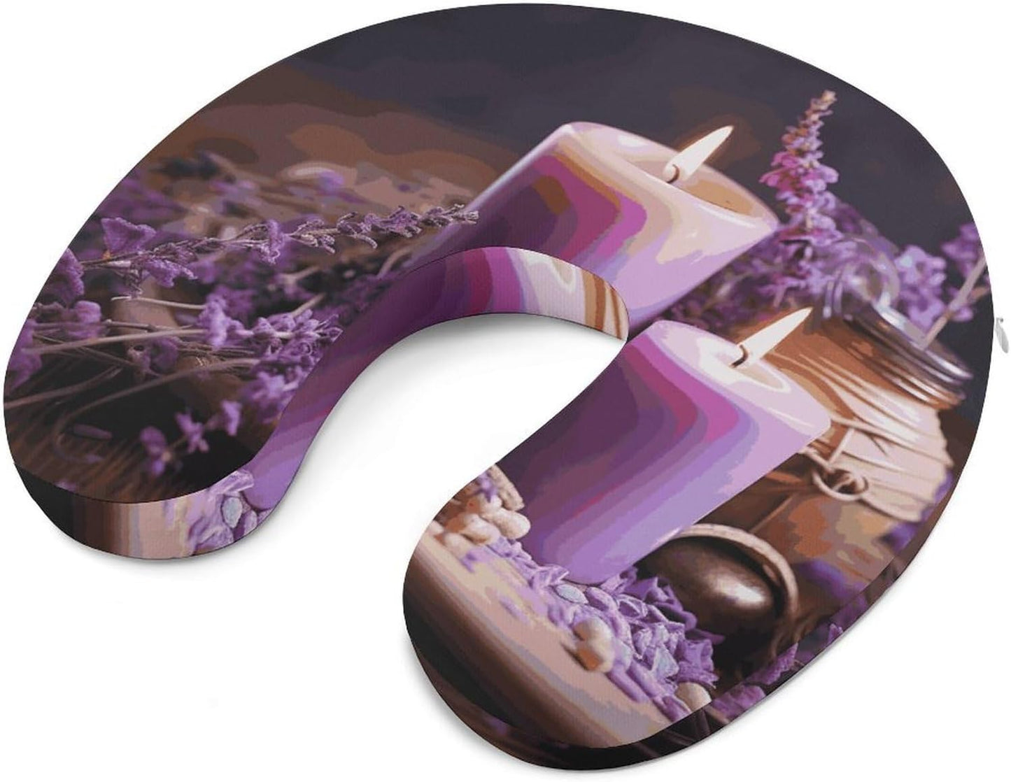 Purple Lavender with Candles Neck Pillow Memory Foam U Shaped Pillows Portable Pillows for Shoulder Travel Head Support Pillow with Concealed Zipper for Airplane Car Home Office