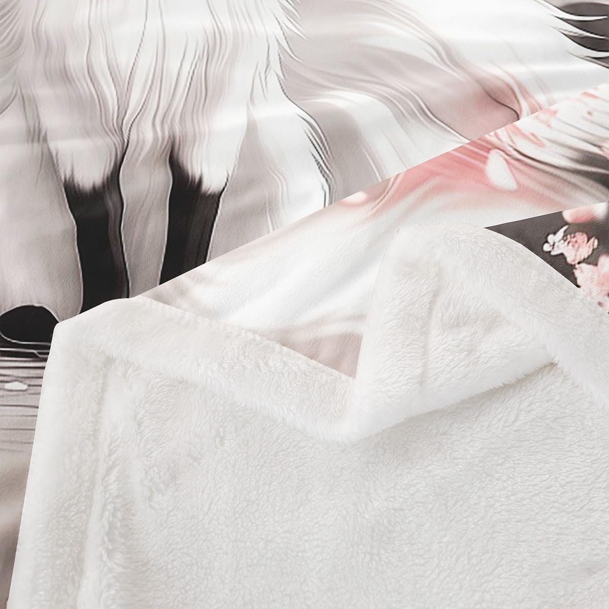 White Fox Bed Blankets,Japanese Style Ukiyo-e Throw Blanket Kids Boys Teen Adult Room Decor,Pink Cherry Blossom Fleece Blanket Wild Animal Sakura Pattern Fuzzy Blanket,50"×60"