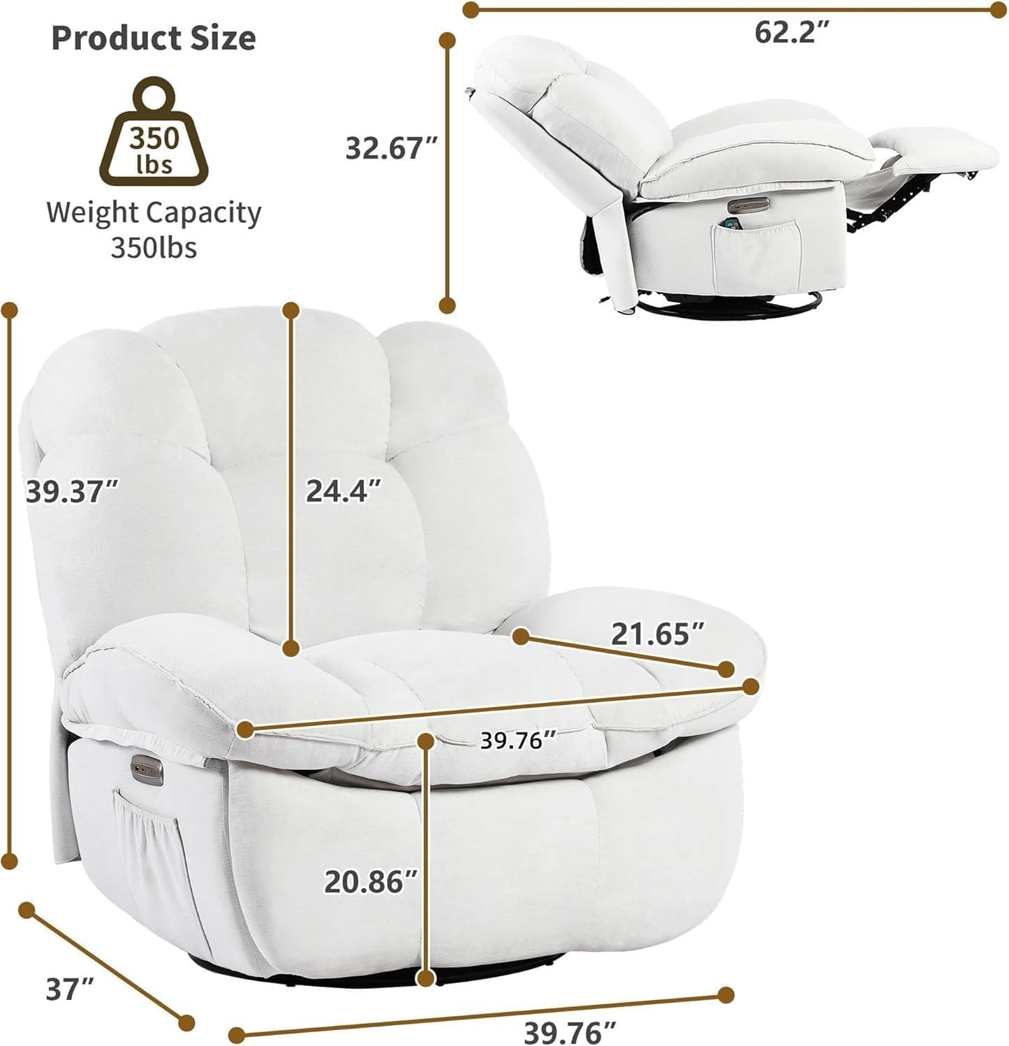 Power Recliner Chair with Massage and Heat Electric Swivel Rocker Recliners Chairs with USB Type-C for Adults Living Room Bedroom Home Theater