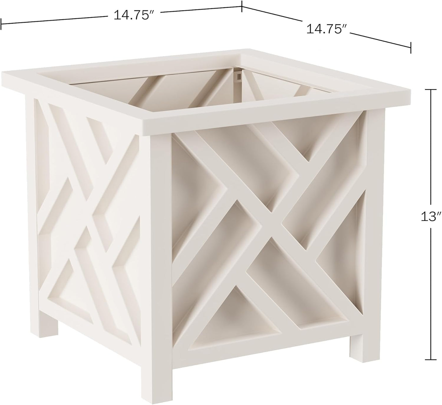 Lattice Design Outdoor Planter Box - 14.75” Square 13” Tall White Plant Pot - Decorative Plant Pots for Front Porch Decor - Flower Pots Outdoor Planters for Porch Patio or Garden Decor by Pure Garden