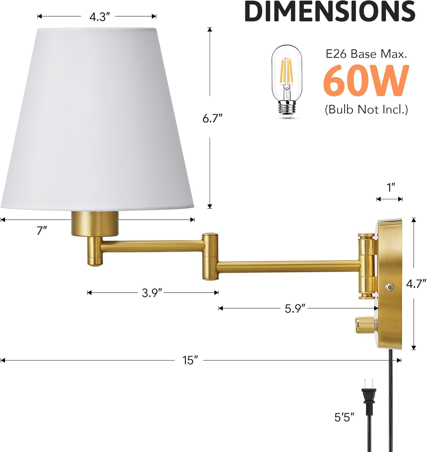 VONLUCE Swing Arm Wall Lamp, Plug in & Hardwired Wall Sconce, Adjustable Wall Mounted Lighting Fixture, Modern Wall Light with Golden Base White Fabric Shade for Bedside, Hallway, Reading