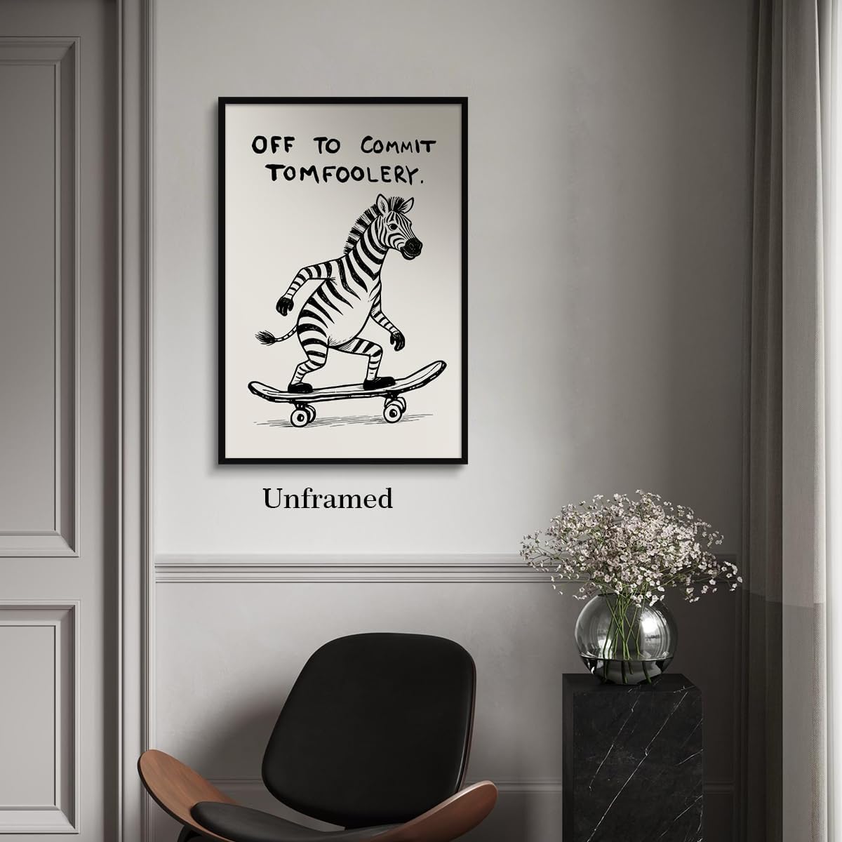 perasi Zebra Poster, Quote Off To Commit Tomfoolery Canvas Wall Art, Cool Skateboard Zebra Print, Funny Animal Posters for Room Aesthetic, Cute Nursery Kids Room Office Wall Decor 12x16in Unframed