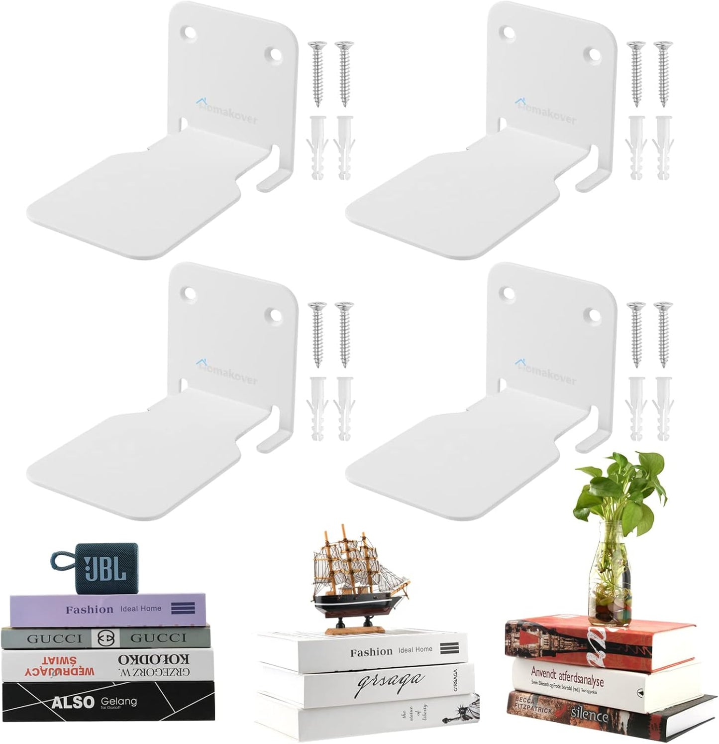 Invisible Floating Bookshelves, Heavy-Duty Book Organizers, Wall Mounted Bookshelf, Iron Storage Shelves for Bedroom, Living Room, Office (Small) (4 Pieces, White)