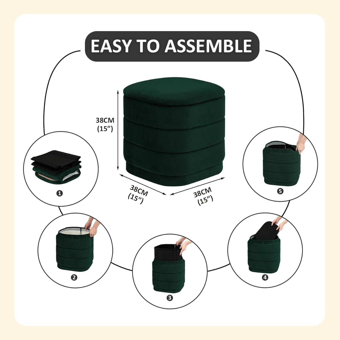 PINPLUS Ottoman with Stroage Square Velvet Ottoman and Tray Removable Foot Rest Coffee Table for Dorm, Living Room,Bottle Green 15" D x 15" W x 15" H