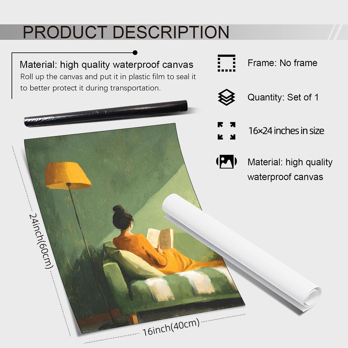 MWZUPQ Female Reading Book Poster Green Trendy Minimalist Book Wall Art Modern Vintage Aesthetic Canvas Prints Library Living Room Dorm wall decor 16X24 inch Unframed