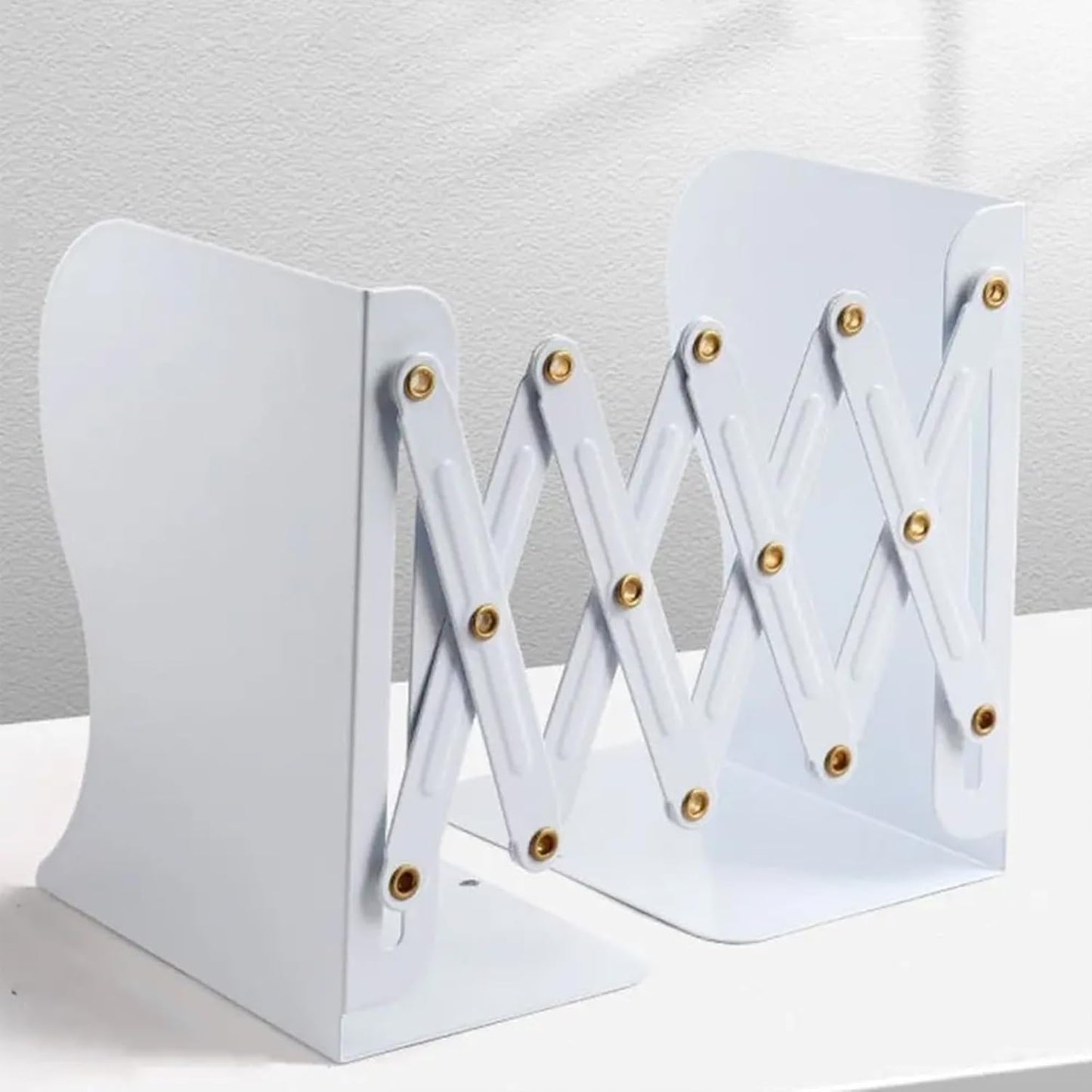 Adjustable Metal Bookends with Detachable Magnetic Pen Holder - Durable Expandable Book Stand for Desk, Office, and Home Decorative Bookends