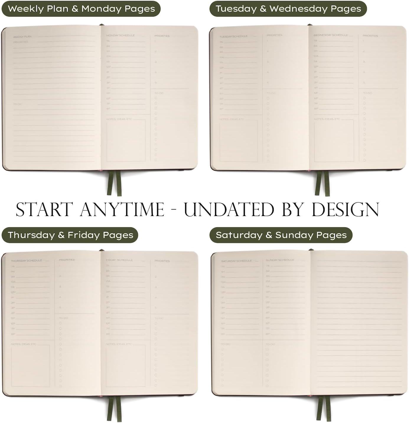 Anecdote Daily Planner w/ 2026-2027 Calendar | Start Anytime 26 Weeks Undated | 1 Page per Day | 8.5" x 5.2" | Hardcover To-Do List Organizer, Plan Your Success, Achieve Productivity Goals (Evergreen)