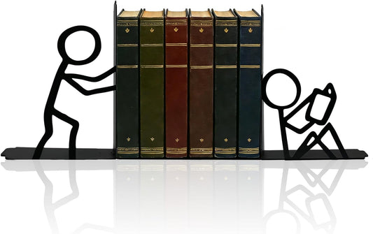 Stickman Style Metal Bookends, Funny Bookends for Shelves Decorative, Home Office Desk Cute Book Ends Reading Bookshelf Decor for Book Lovers Gift