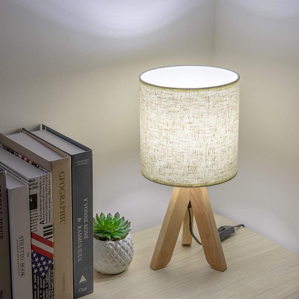 HAITRAL Small Bedside Table Lamp - Wooden Tripod Nightstand Lamp for Bedroom, Living Room, Office, Home with Fabric Linen Shade - 13.4 Inches (Without Bulb)