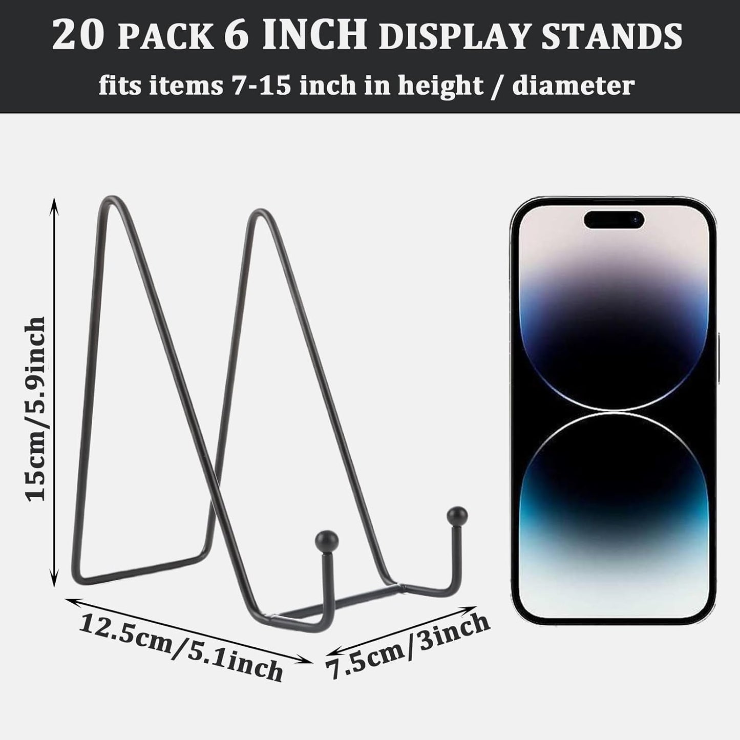 Acrux7 20 Pack Plate Stands for Display 6 Inch Easel Stand, Black Metal Photo Picture Stands, Small Plate Holders Display Stand for Displaying Decorative Plates, Platter, Book, Photo Easel (Black)
