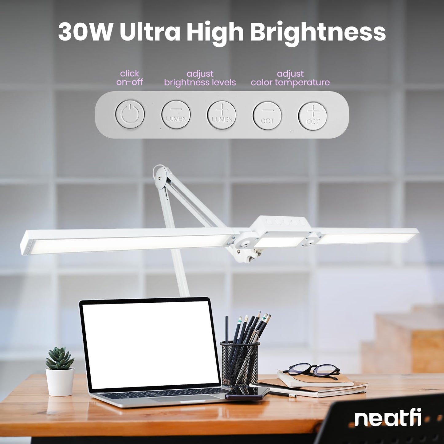 Neatfi LED Desk Lamp | 3,000 Lumens | Dimmable 30W Desk Light | 360 SMD LEDs | CRI 95 | Adjustable Color Temperature | Task Lamp for Home, Office, or Workbench (CCT, White, 41 Inches)