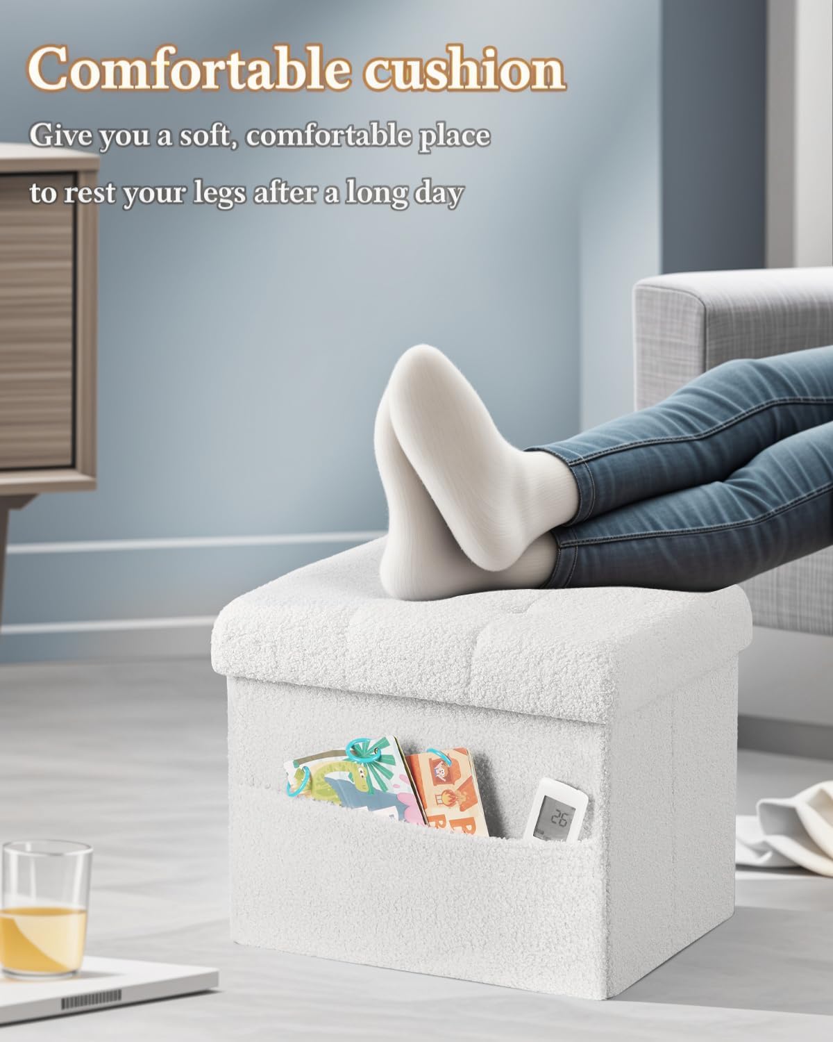 Storage Ottoman Foot Stool,Faux Teddy Tufted Foot Rest, Space Saver Chair with Storage,Ergonomic Stool for Bedroom/Living Room/Desk/Office (White, 17" D x 13" W x 13" H)