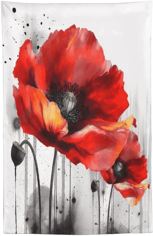 FodPand Beautiful Poppy Flower Ink Tapestry Anti-fading Wall Tapestry with Installation Kit Backdrop Banner Multipurpose Aesthetic Tapestries Boho Wall Art Hanging Decorative Blanket 60"x90"