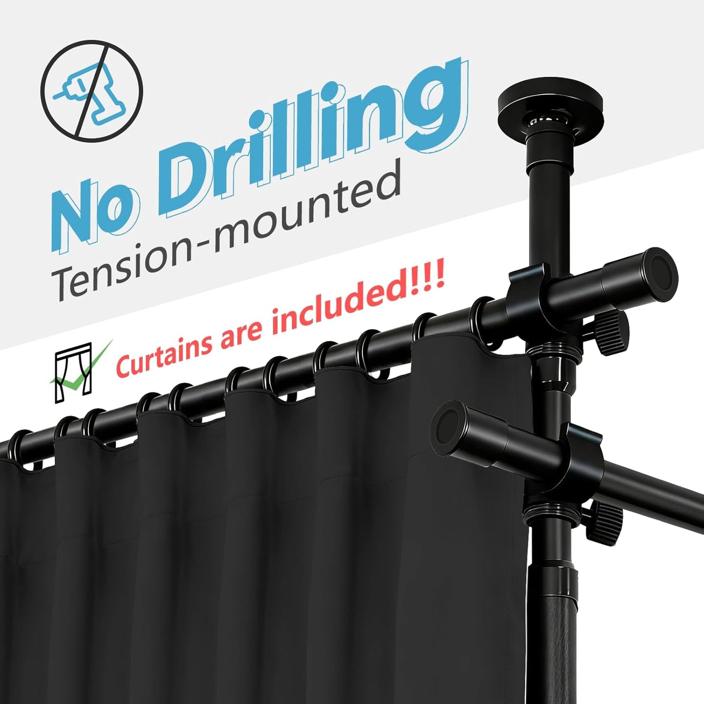 No-Drill Room Divider Curtains Set: Includes 106" W x 84" L Black Curtain 2-Panel & Adjustable Pole Brackets (72-200" W x 43-120" H Adjustable Range)