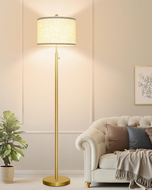 Nintiue 【Upgraded】 Dimmable Floor Lamp for Living Room, 11W LED Bulb Included, Modern Standing Lamp, Tall Pole Light with Linen Shade for Bedroom Reading Office Corner Nursery-Gold