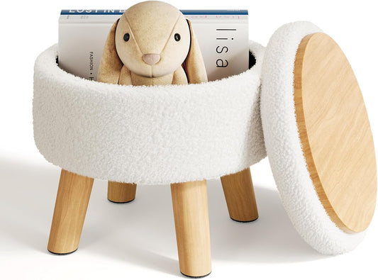 Small Ottoman Footrest, White Boucle Foot Stool, Round Pouf Ottoman with Storage, Teddy Velvet Foot Rest for Couch, Living Room, Nursery, Small Coffee Table Ottomans Stool