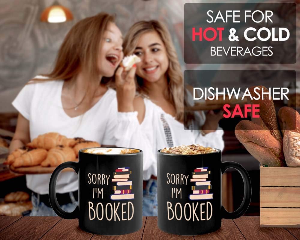 Bubble Hugs Bookish Coffee Mug 11oz Black - Sorry I'm Booked - Introvert Bookworm Book Lover Librarian Love Reading