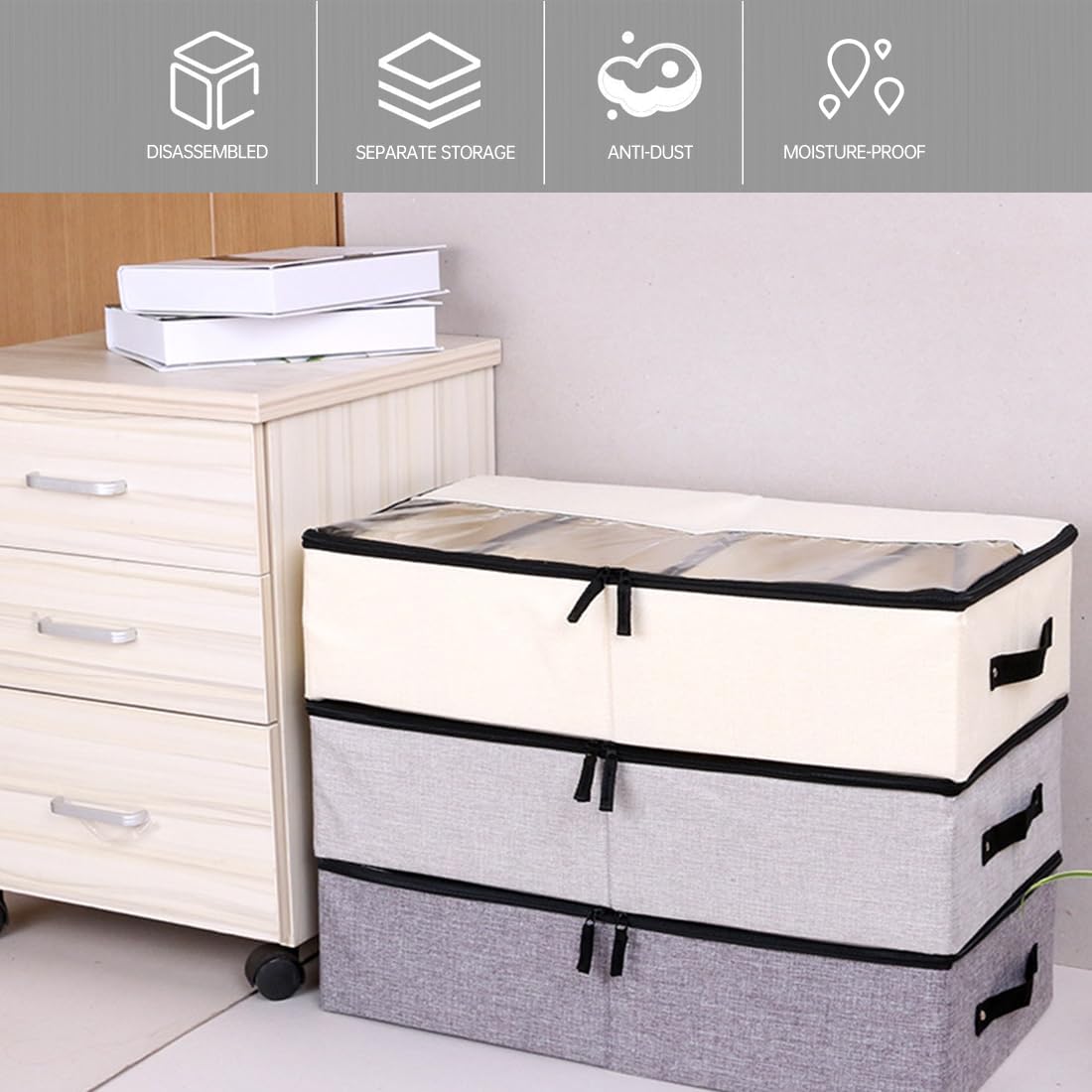 DAISHA 2PCS Underbed Organizer Drawer,Foldable Clear Window Storage Box with 2 Zippers for Clothes,Shoes,Home & Car.