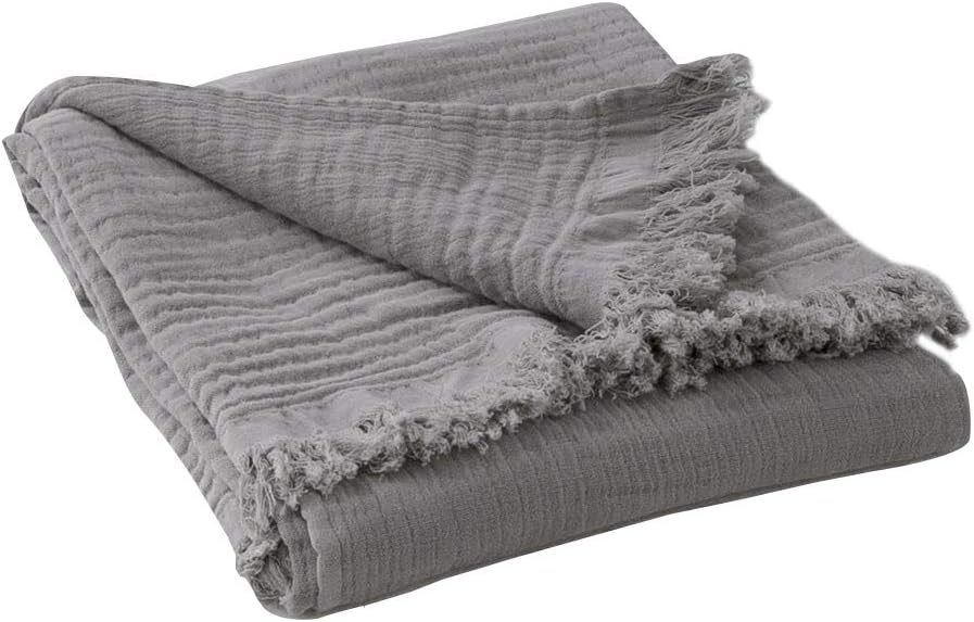 Simple&Opulence Cotton Muslin Throw Blanket for Bed, Couch, Knit Woven Gauze Blanket with Tassels, Soft Lightweight Cozy Pre-Washed Breathable Farmhouse Decoration for All-Season (Grey)