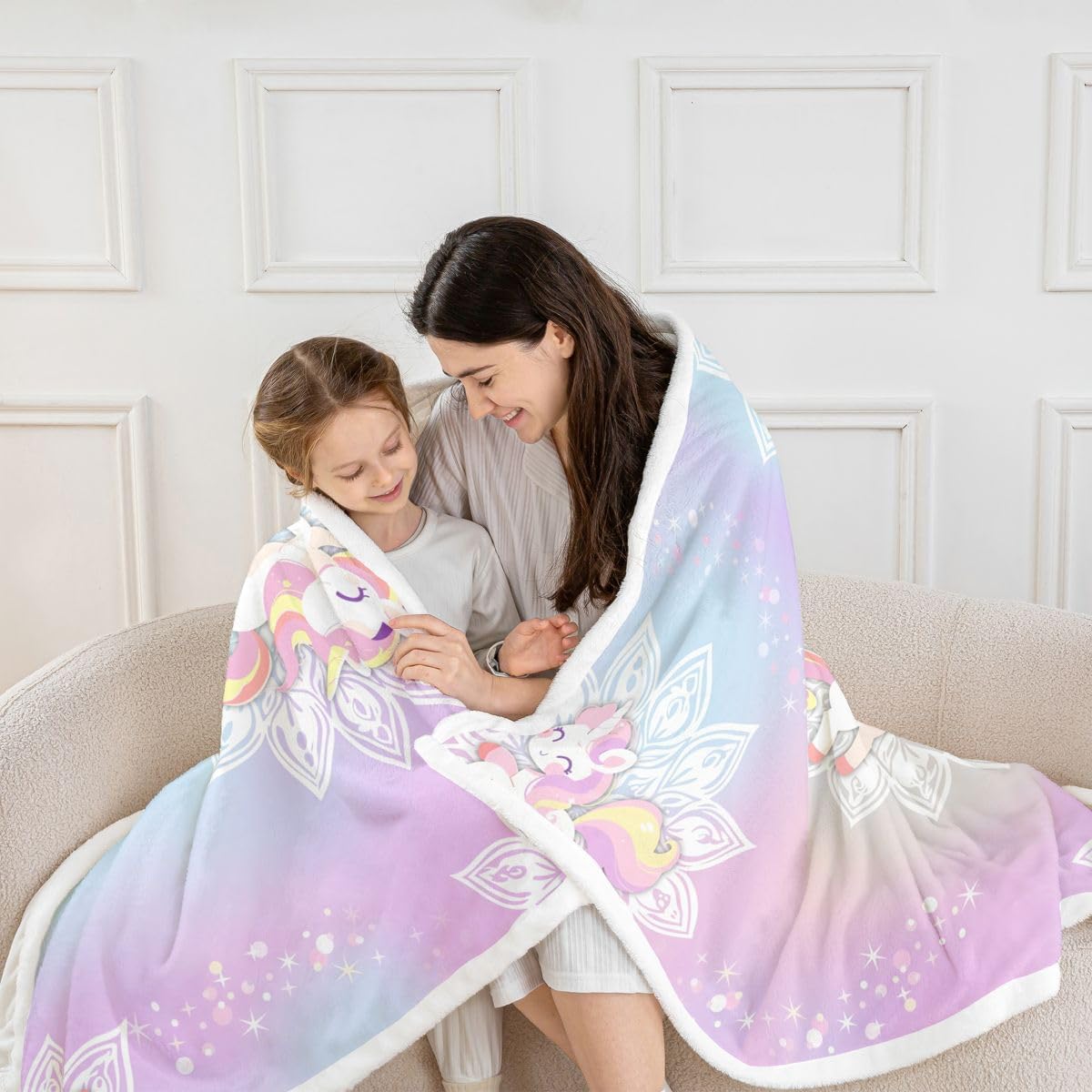 Rainbow Unicorn Fleece Blanket Twin Size for Girls Women, Pink Girly Glitter Plush Bed Blanket Sparkle Galaxy Twinkle Throw Blanket, Boho Rainbow Mandala Flower Flannel Blanket Ombre Room Decor
