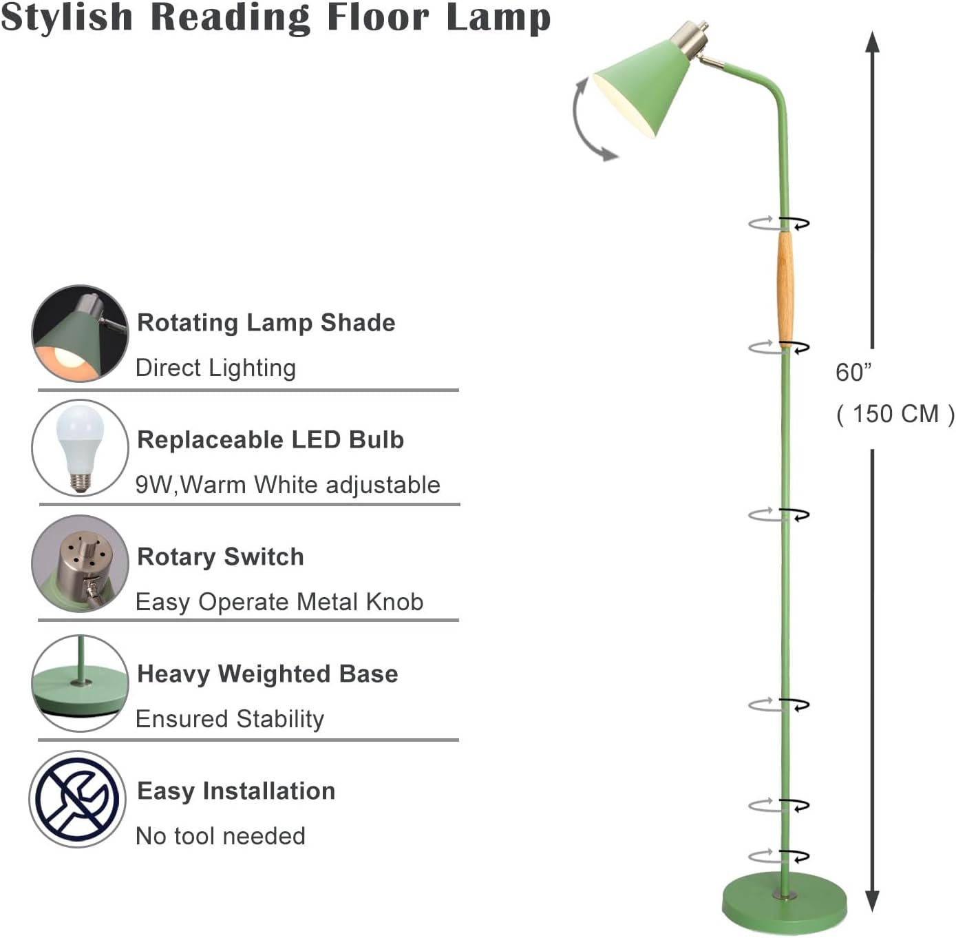 Adjustable Reading Floor Lamp,360°Rotatable Shade,3CCT LED Bulb Include,Green
