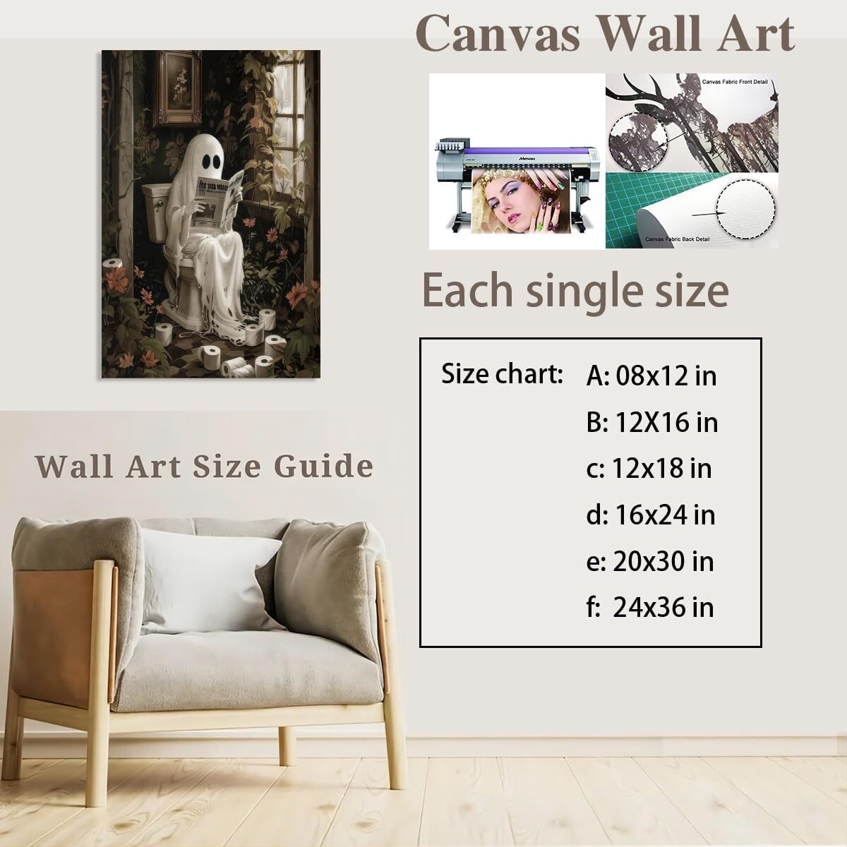 Medpol Spooky halloween bathroom wall art funny ghost reading newspaper cottagecore wall decor dark academia canvas posters for room bathroom Unframed8x12inch