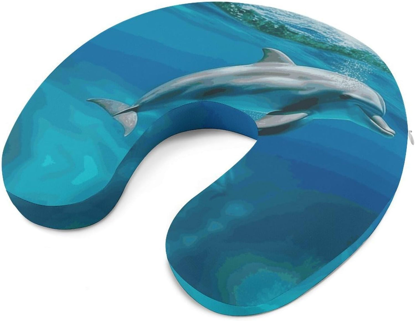 Swimming Dolphin in Blue Sea Neck Pillow Memory Foam U Shaped Pillows Portable Pillows for Shoulder Travel Head Support Pillow with Concealed Zipper for Airplane Car Home Office