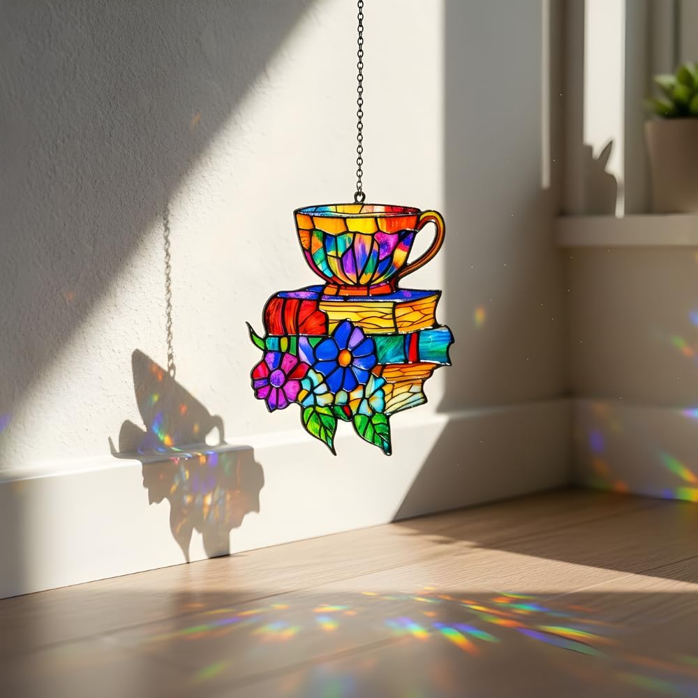 Books Teacup Handmade Artisan Resin Sun Catcher for Bookworm, Stained Glass Effect Window Hanging Ornament Garden Decor, Gifts for Readers, Valentines Day Gift for Women Mom Wife