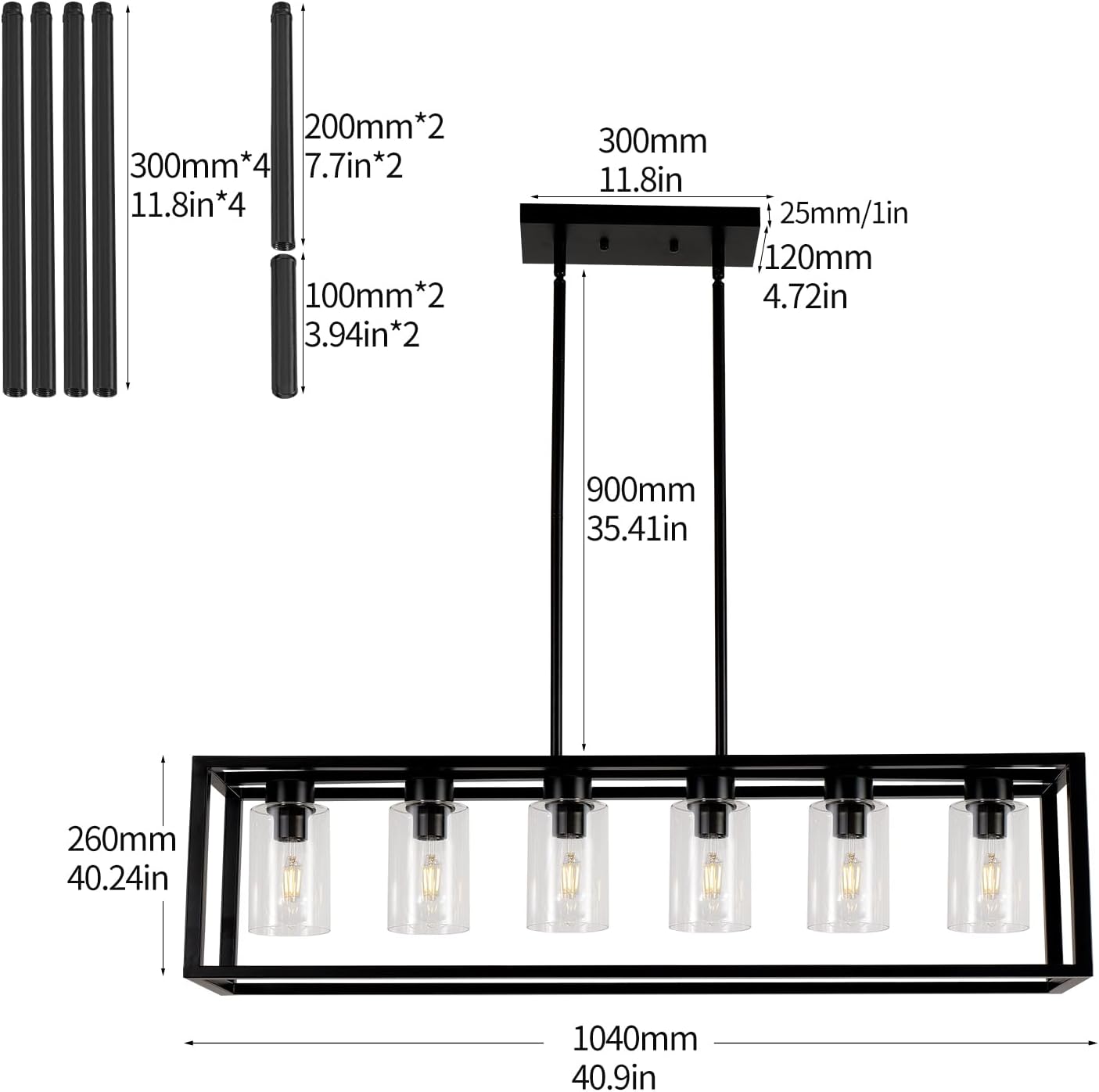 Farmhouse Dining Room Light Fixture Kitchen Island 6-Light Pendant Lighting， Adjustable Rectangle Black Contemporary Chandeliers with Glass Shade (6 Light)