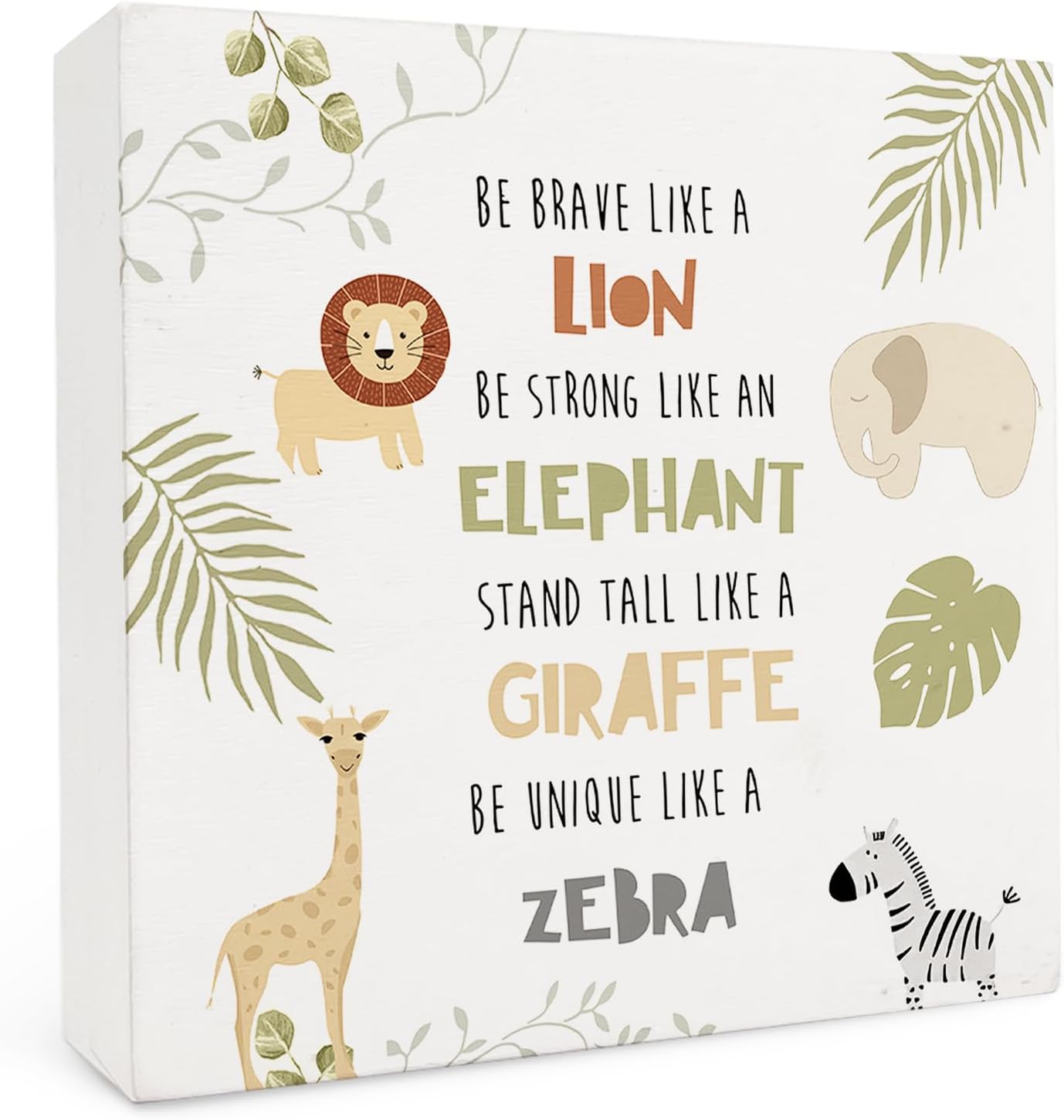 Animal Nursery Wood Box Sign 5×5 Inches, Inspirational Forest Animal Lion Elephant Giraffe Zebra Wood Sign for Kids Room Dorm Nursery Bedroom Home Desk Tabletop Shelf Decor
