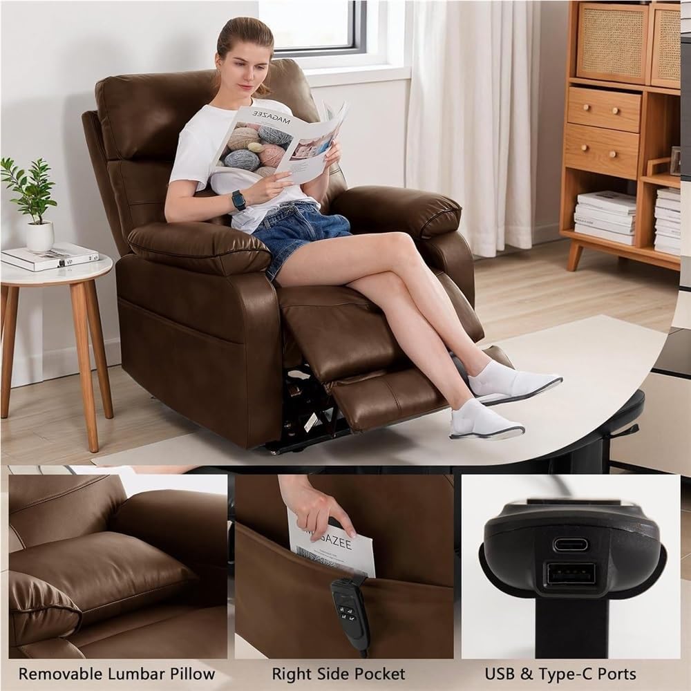 Power Recliner Chair with Heat & Massage Brown Leather Electric Lift Recliner Chair with Dual Motors Infinite Position Lay Flat Luxury Home Theater Reclining Sofa Seat