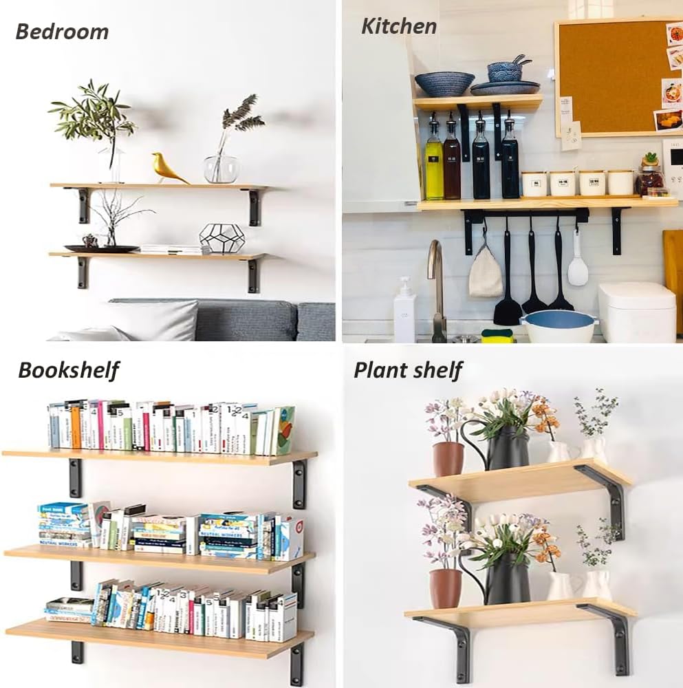 Floating Shelves, Wooden Wall Mounted Farmhouse Shelves for Wall Plants Decor, Book Storage Shelves for Bedroom Living Room (Carbonized Black, Set of 2, Large)