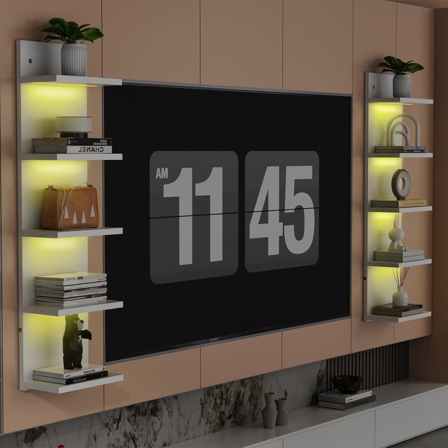 White 5 Tier Display Shelf Case with Lights LED Wall Mount Vertical Lack Shelf Wall Decor RGB Lighting for Bedroom Living Room Gaming Floating Shelves