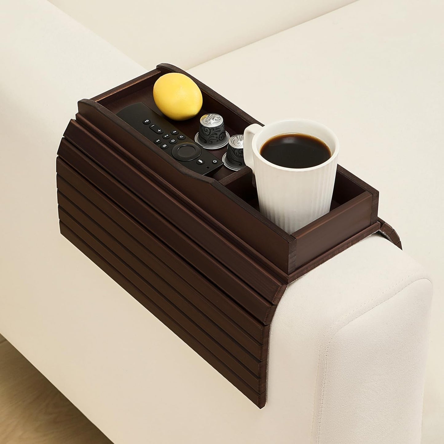 Bamboo Couch Cup Holder Arm Tray Table，Couch Drink Holder，Sofa Cup Holder Armrest Tray，Anti-Slip Foldable Arm Chair Table Tray Recliners for Drink,Cups, Snacks, Phone, Remote