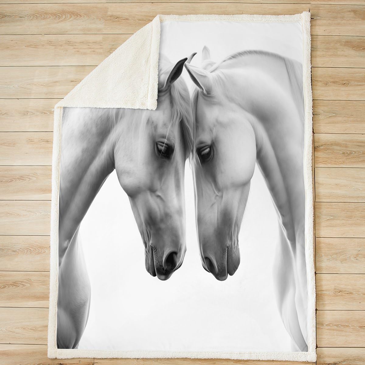 Two Horses Print Sherpa Fleece Blanket White Horses Racing Steed Throw Blanket Intimate Animals Fuzzy Soft Blanket Bed Couch,Queen Size (90 x 90 Inches)