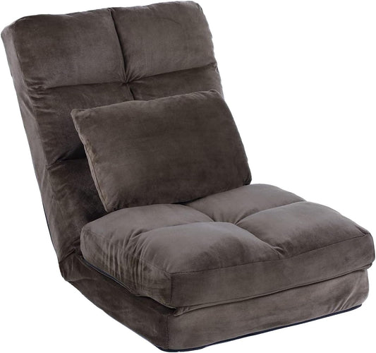 Indoor Floor Chaise Lounge Sofa Chair for Adults, 14-Angle Adjustable Recliner with Back Support & Pillow, Foldable Floor Lounger, Comfort for Living Room, Reading, Relax -Brown