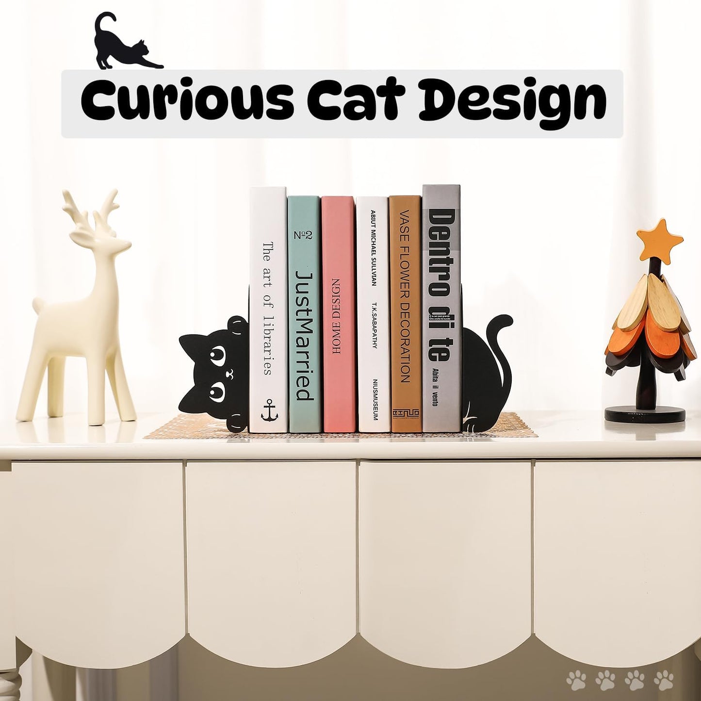 Peeking Cat Metal Bookends Set of 2 (1 Pair), Decorative Book Ends for Shelves Bookshelf Office Desk, Home Decor Gift for Cat & Book Lovers