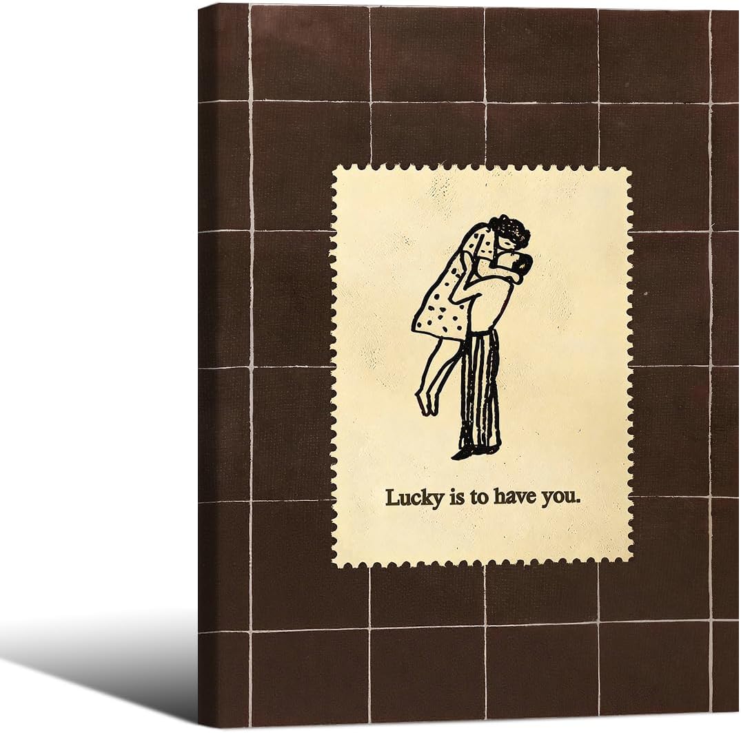 Brown Mid-Century Couples Wall Art Valentine Quotes Lucky Is to Have You Poster 08x10 inch Framed Vintage Romantic Anniversary Canvas Prints Modern Love Wall Decor for Bed Living Room