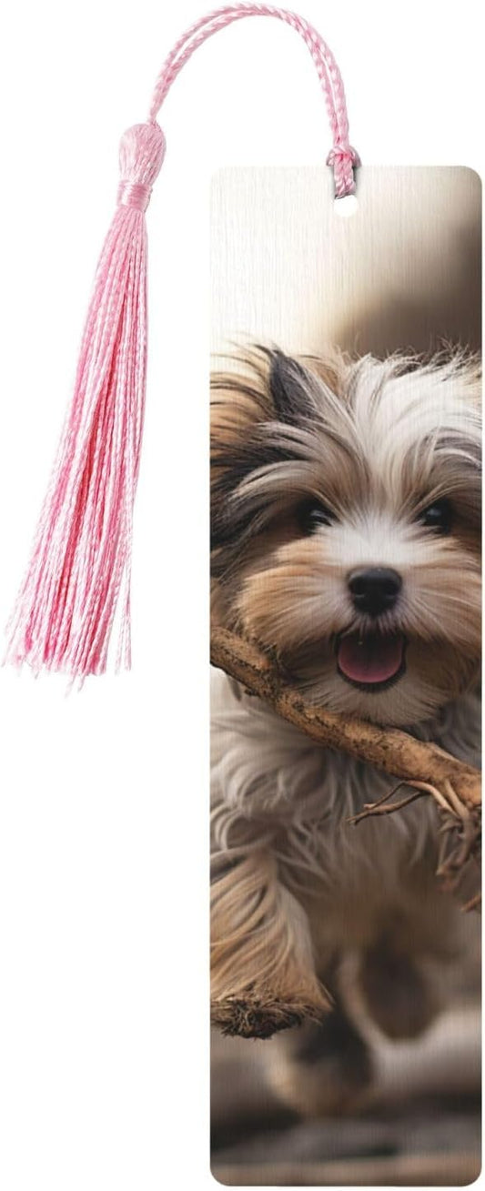 Puppy and Stick Bookmarks Gifts for Women Men, Wooden Bookmarks for Book Lovers, Vintage Book Marks Ornaments with Tassel, Unique Personalized Reading Page Markers Pink