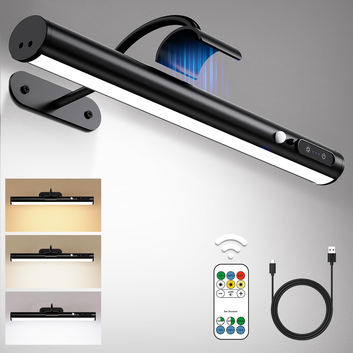 Hapfish Motion Sensor Battery Operated Wall Sconce, Wireless Picture Lights for Wall, Rechargeable Magnetic Art Lighting with Remote Control, Battery Picture Light for Poster Dartboard Mirror - Black