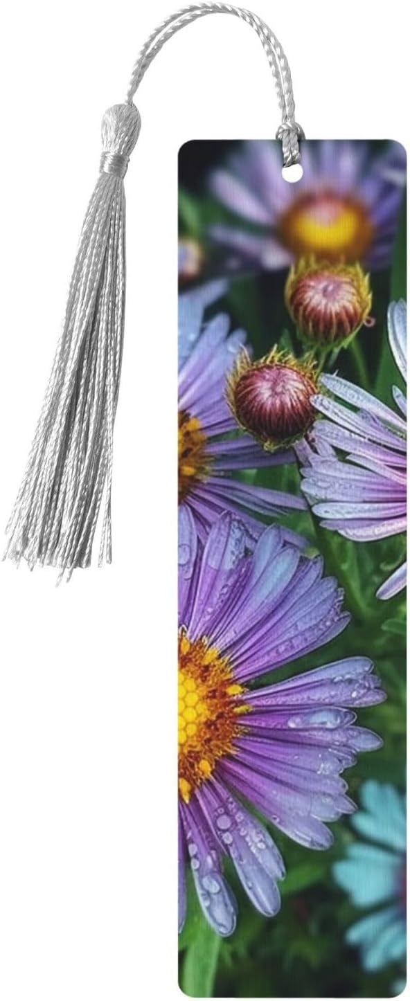 Purple Flowers in The Garden Bookmarks Gifts for Women Men, Wooden Bookmarks for Book Lovers, Vintage Book Marks Ornaments with Tassel, Unique Personalized Reading Page Markers Gray
