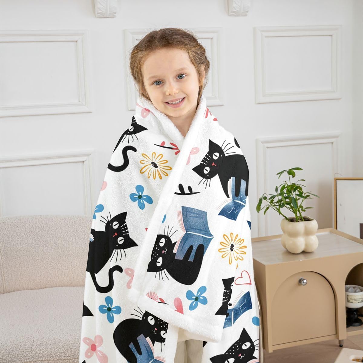 Erosebridal Kawaii Pet Cat Sherpa Blanket Black Kitten Cat Lovers Fuzzy Plush Throw Trendy Preppy Florals Fleece Blanket for Kids Adults Cute Animals Reading Aesthetic Decor for Bed Couch Twin Size