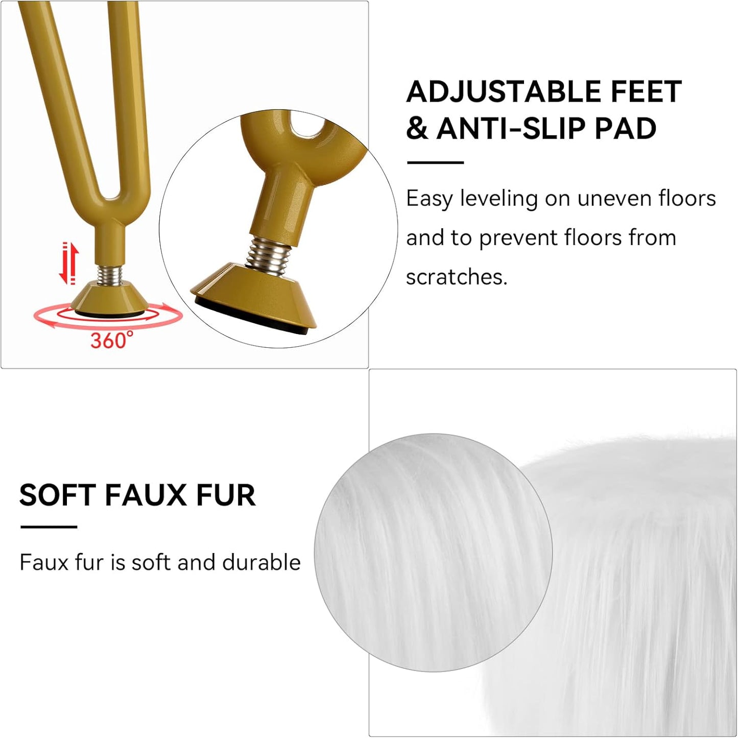 Vanity Stool Chair with Storage, Faux Fur Makeup Room Seat Stool, Soft Padded Seat, Round Footrest Footstools with 4 Metal Legs & Adjustable Footings, Vanity, Bathroom, Bedroom Chairs White