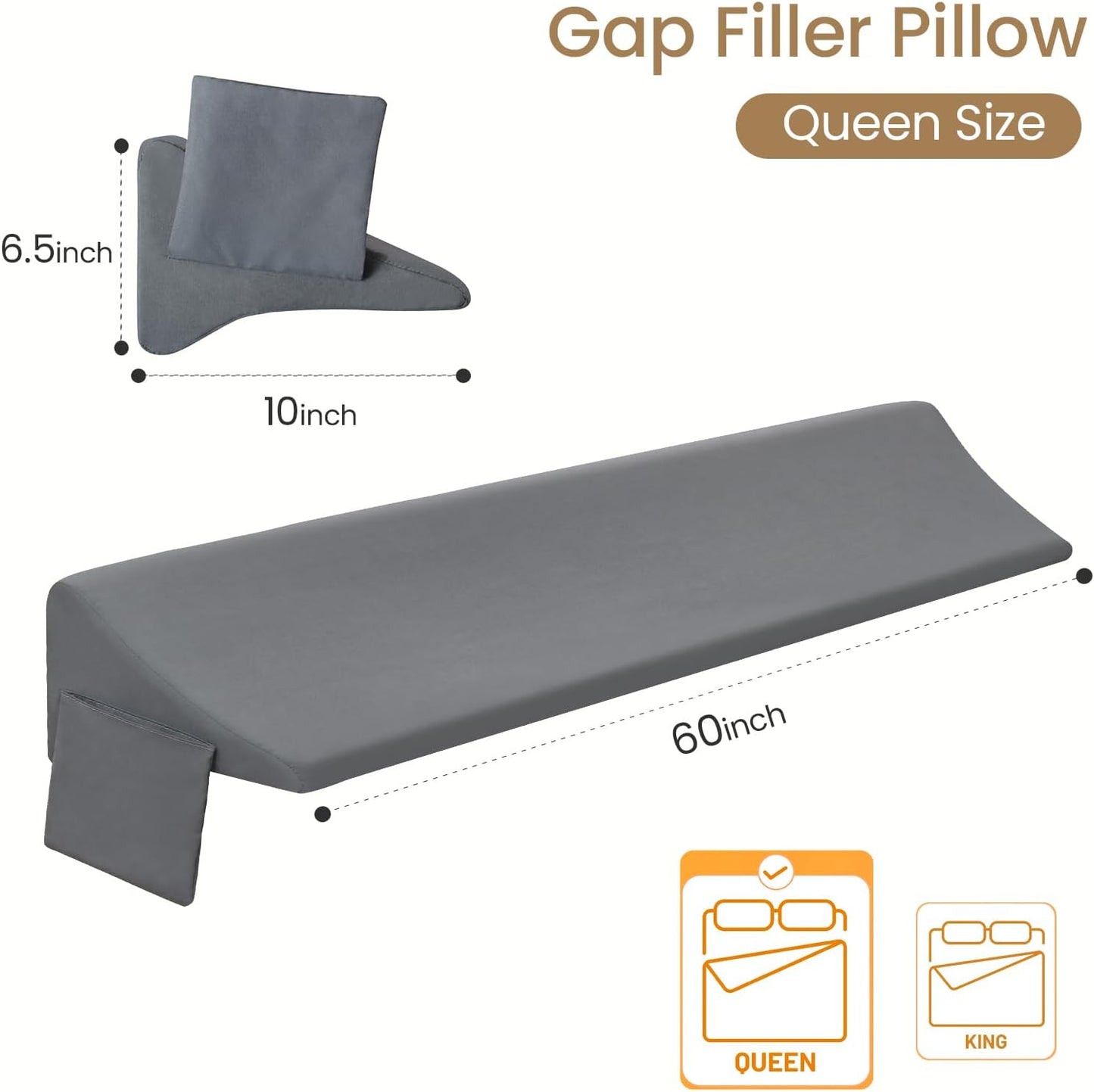 Vekkia Queen Bed Wedge Pillow for Headboard Gap Filler (0–5.5"), Prevents Pillows & Items from Falling, High-Density Foam Mattress Gap Filler with Pockets, Removable Cover, Gray, 60"x10"x6.5"