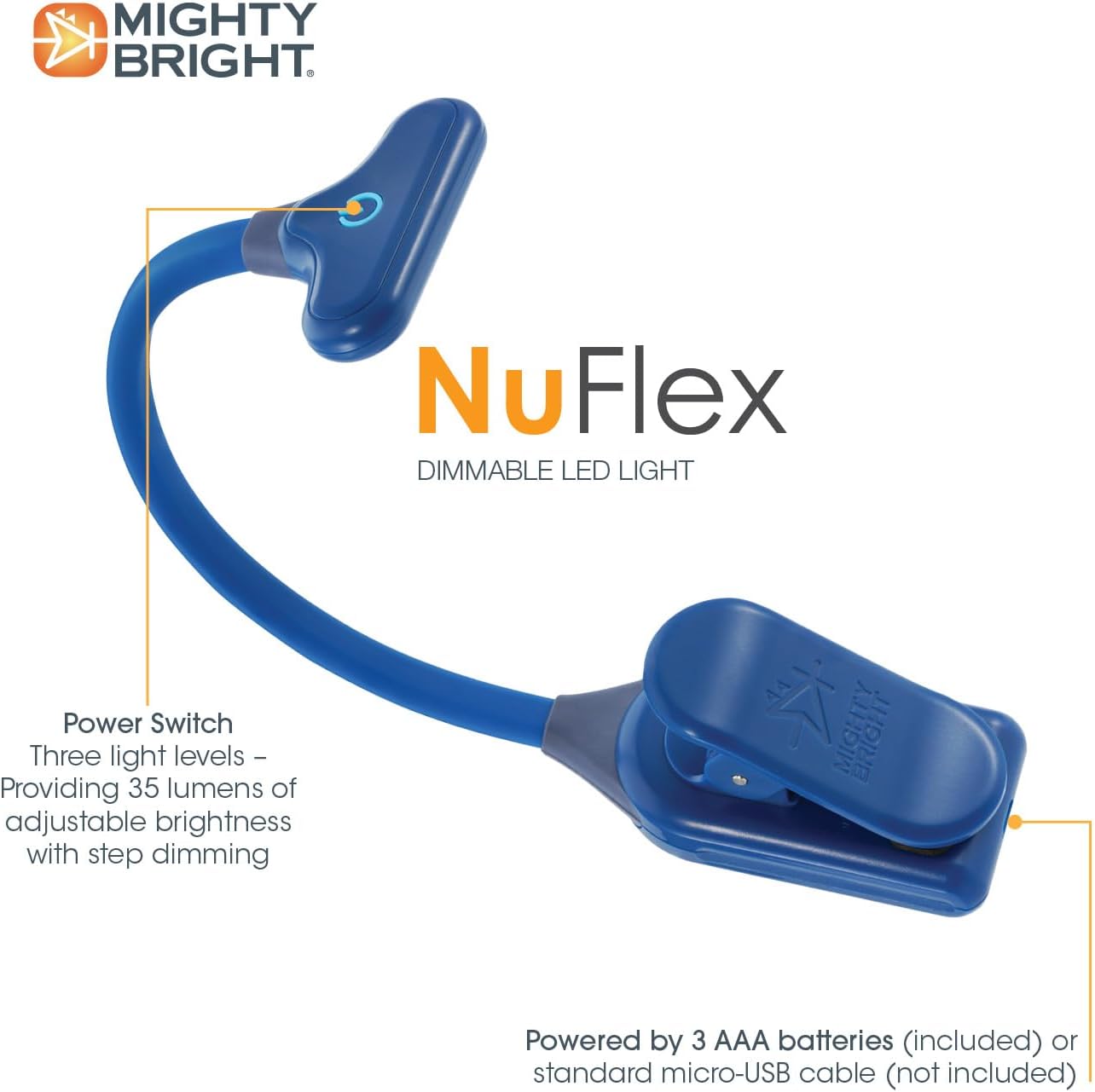 Mighty Bright The Original NuFlex Book Light, Battery-Powered, Warm Eye Care LEDs, Flexible, Durable, Dimmable, Clip-On Reading Light, Read in Bed, Use Batteries or Micro USB (Midnight Blue)