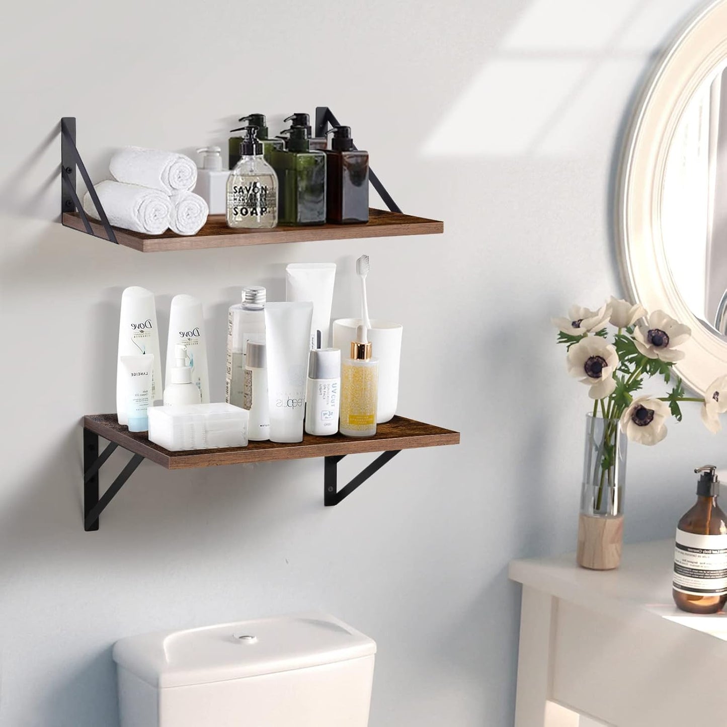 2 Pc Deep Floating Shelves ; Wall Mounted Hanging Shelves for Living Room, Kitchen, Office, Bathroom and Bedroom Decor; Storage and Display Shelf Set (Brown, 16W×12D)