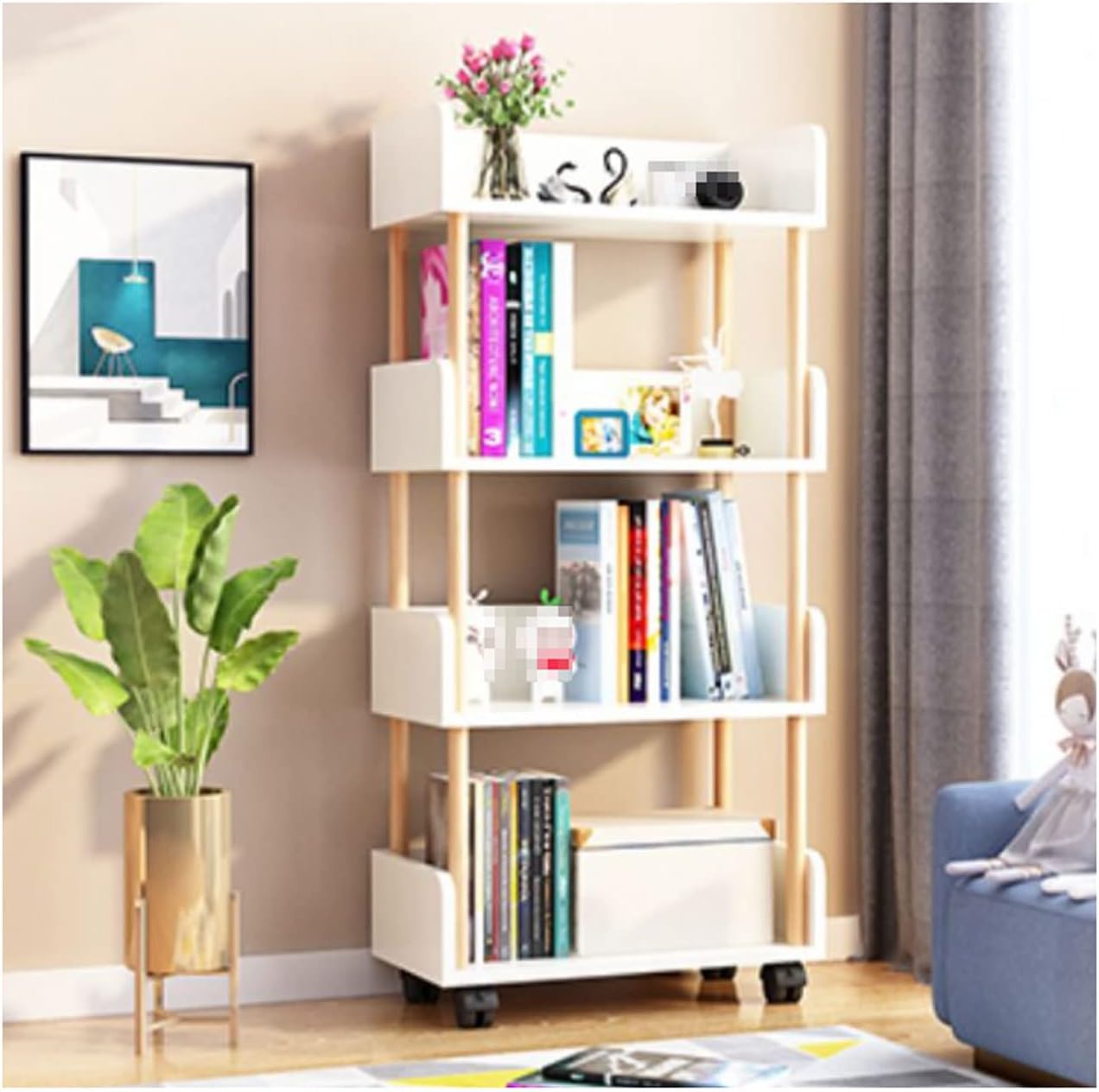 Modern Open Bookshelf with Wheels, Freestanding Storage Organizer, Multifunctional Wooden Display Shelf, Stylish Bookcase for Home & Office, Space-Saving Design